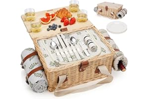 HappyPicnic Picnic Basket for 4, Handmade Wicker Picnic Set with Folding Table and Waterproof Blanket, Large Insulated Picnic Basket with Wine Bag & Cutlery Kit for Picnic, Camping, Holidays (Leaf)