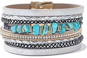 FANCY SHINY Turquoise Leather Wrap Bracelets Boho Beaded Cuff Bracelets Stackable Crystal Bangle with Magnetic Clasp Trendy Jewelry for Women