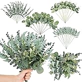 Limbeuuu 100pcs Artificial Mixed Eucalyptus Stems Leaveas Bulk, 4Kinds Fake Grennery Silver Dollar Eucalyptus Leaves Picks,Faux Greenry Stems Sprays for DIY Bouquets Floral Arrangement Home Decor