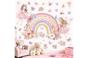 wondever Pink Girls Rainbow Wall Stickers Fairy Flowers Butterfly Peel and Stick Wall Art Decals for Baby Nursery Kids Room G