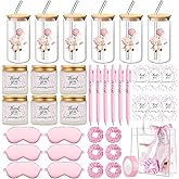 Reallnaive 43 Pcs Baby Shower Prizes for Player Winner Wedding Bridal Shower Favor Gifts Including Glass Cups Aromatherapy Candle Eye Mask Hair Band Greeting Card Pen Ribbon Gift Bag(Bear Style,Pink)