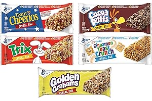 Cereal Bar Variety Pack, Team Cheerios, Trix, Cocoa Puffs, Cinnamon Toast Crunch, and Golden Grahams, Five 1.42 oz Bars of Each (20 Bars Total) - with Two Make Your Day Lollipops