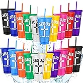 Geosar 20 Pcs Christian Gifts Bulk Jesus Loves You Cups with Lids and Straws Plastic Christian Tumbler Bulk Bible Verse Inspirational Cups Travel Mug for Sunday School Church Supplies(24 oz)