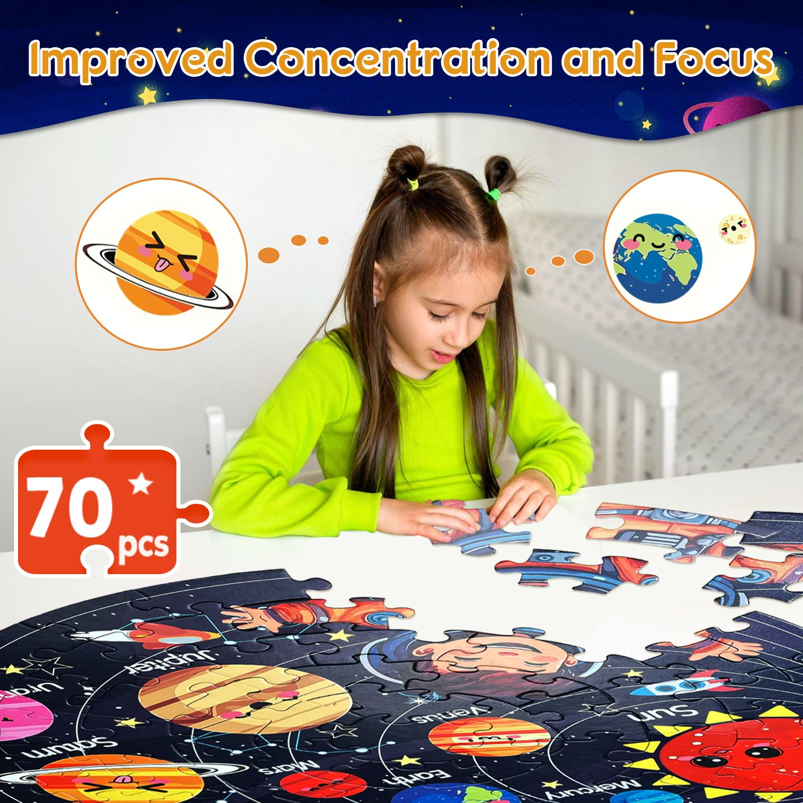 Puzzles for Kids Ages 4-6, 6-8, 3-5, Large 70 Piece Round Floor Jigsaw Puzzle Toys with Solar System Planets, Education Kids Puzzles Learning Gift