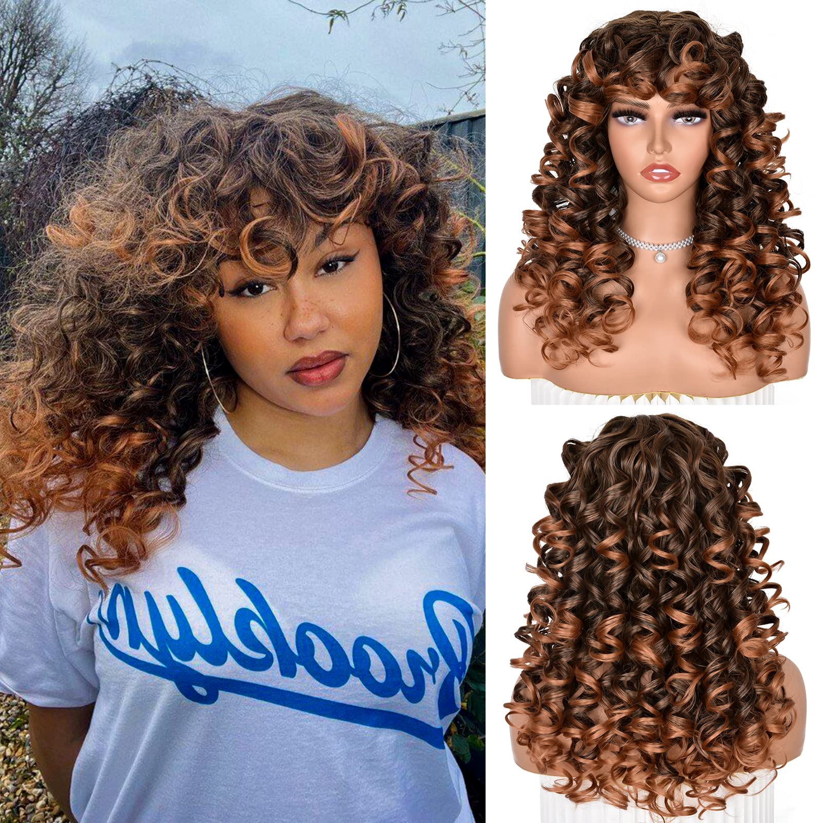 ISAMY Long Curly Wigs for Black Women Curly Afro Wig with Bangs for Women Big Bouncy Fluffy Synthetic Fiber Glueless Hair for Cosplay and Daily (Ombre Brown)