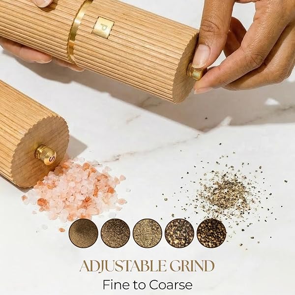WOODEN SALT AND PEPPER GRINDER SET – REFILLABLE BEECHWOOD SALT & PEPPER MILLS WITH GOLD ACCENTS, ADJUSTABLE CERAMIC MILL, MATCHING WOOD STAND – PREMIUM KITCHEN GIFT SET