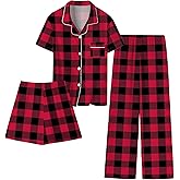 Umeyda Girls Lyocell 3 Piece Pajamas Set Button Down PJs Set Soft Loungewear Short Sleeve Sleepwear