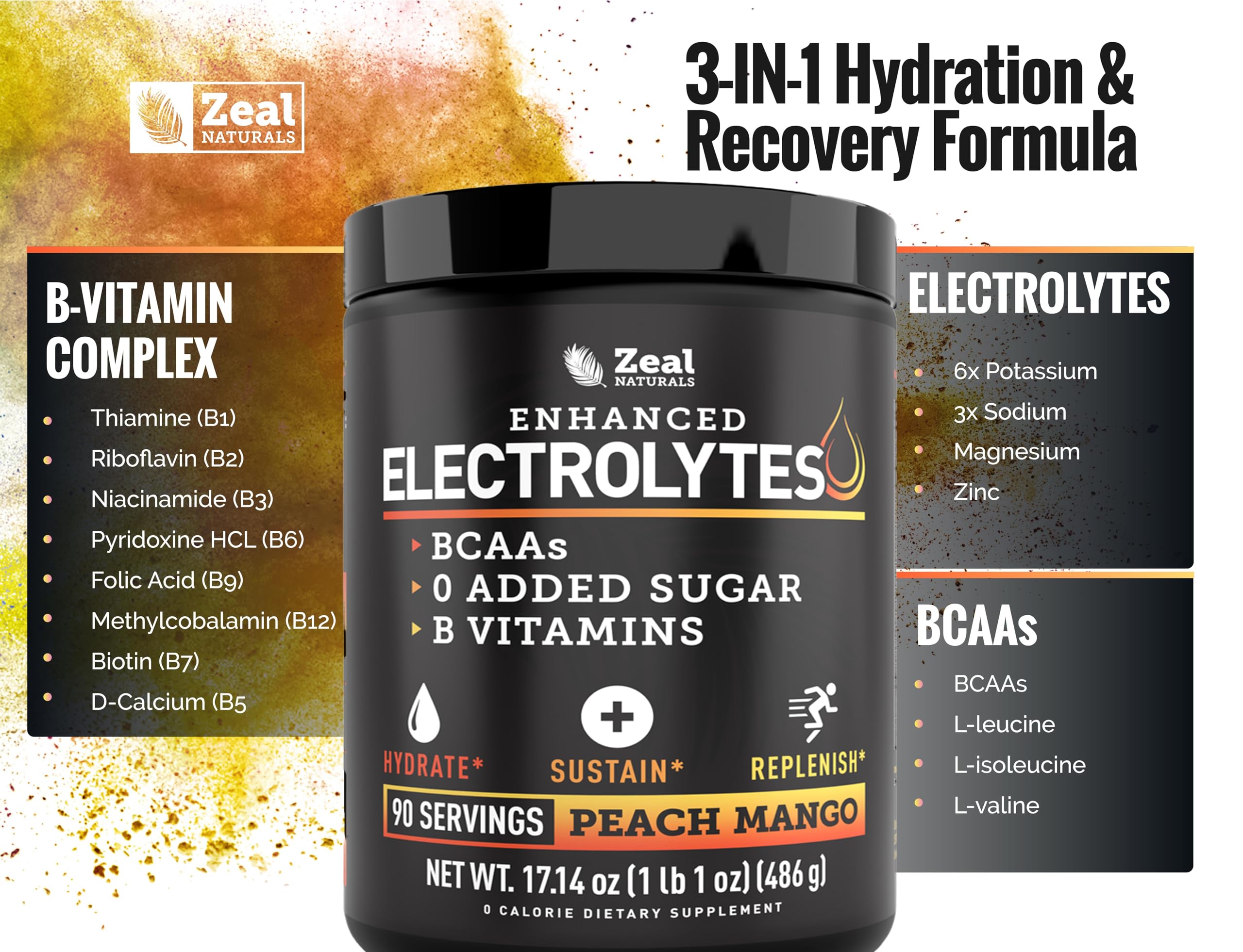 Enhanced Electrolyte Powder (Peach Mango | 90ct.) w/ 0 Sugar +BCAAs +B-Vitamins Electrolyte Supplement w Potassium Zinc & Magnesium for Hydration - Keto Electrolytes