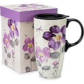 Topadorn 17oz Ceramic Travel Mug with Lid, Tall Purple Floral Coffee Mug | Large Ceramic Coffee Mug with Handle, Microwave &amp; Dishwasher Safe, Matching Gift Box Included