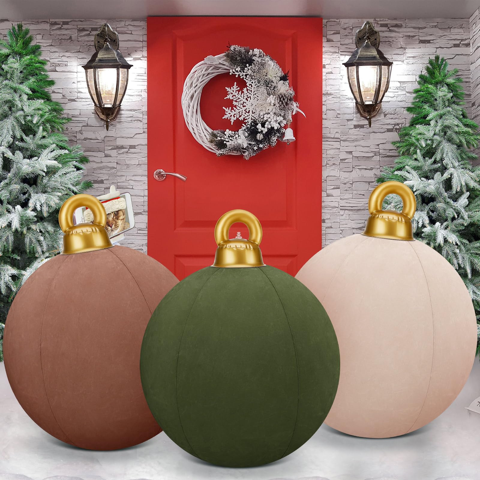 Photo 1 of Jetec 3 Pcs 32 Inch Giant Velvet Christmas Inflatable Balls Ornament Flocked Xmas PVC Inflatable Flocked Ball Ornaments for Christmas Holiday Outdoor Blow up Yard Decor(Brown, Khaki, Green)
