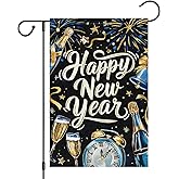 Heyfibro Happy New Year Garden Flag 12x18 Inch Double Sided Burlap Firework Champagne Celebration Banner for Christmas Winter Holiday Party Yard Outdoor Decoration(ONLY FLAG)