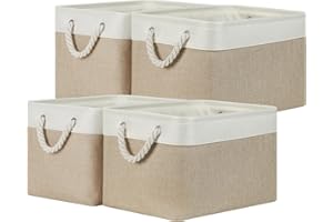 Temary Fabric Storage Baskets 4Pack Storage Bins Decorative Basket for Gift, Clothes Bin with Rope Handle, Rectangle Baskets for Storage, Blankets(White&Khaki,15x11x9.5 inch)