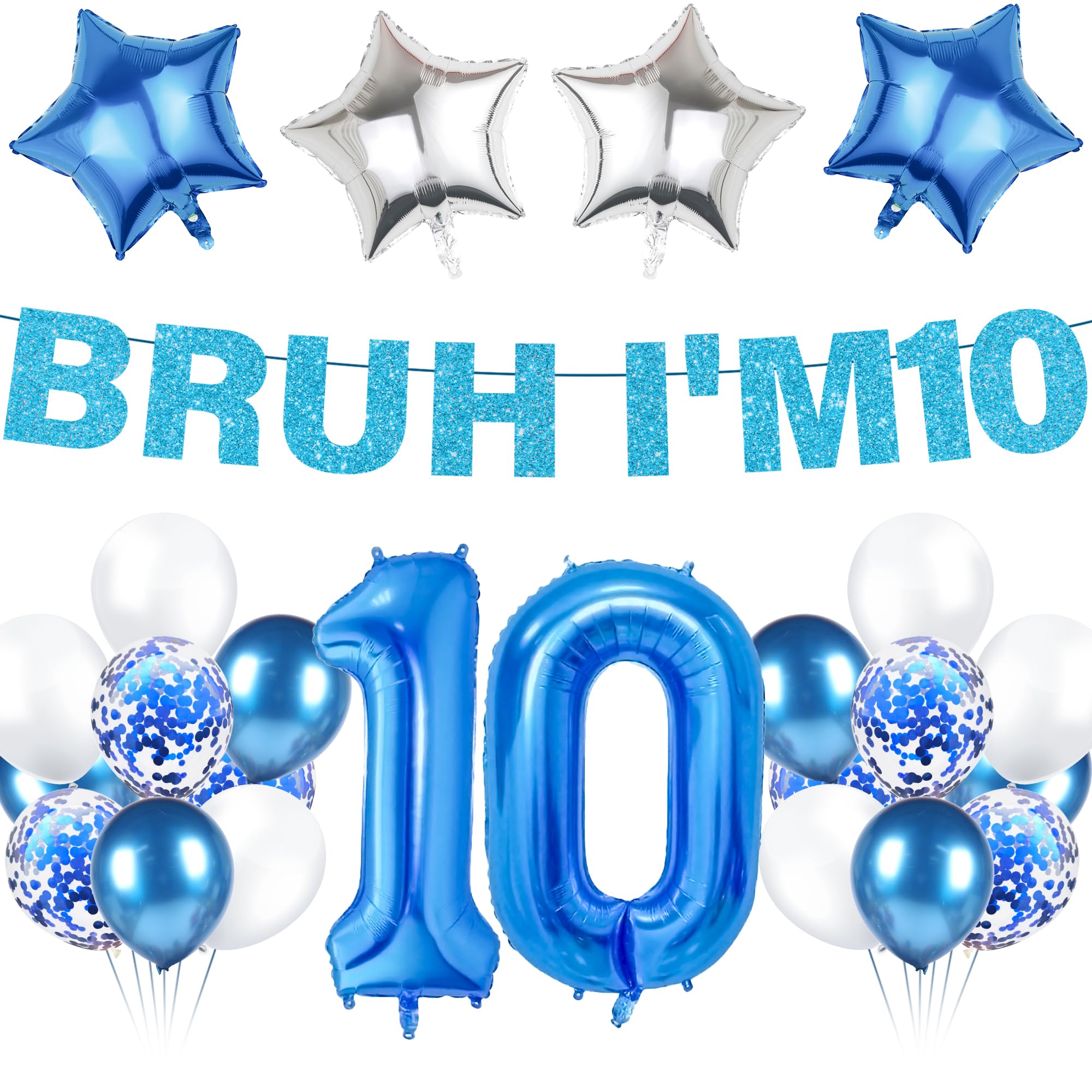 LPPIIUSSU 10th Birthday Decorations Balloon Boys - 19 Pcs Blue Bruh I'M 10 Glitter Banner Number Foil Latex Balloons Party for Girls 10 Years Old Celebration Decor Supplies