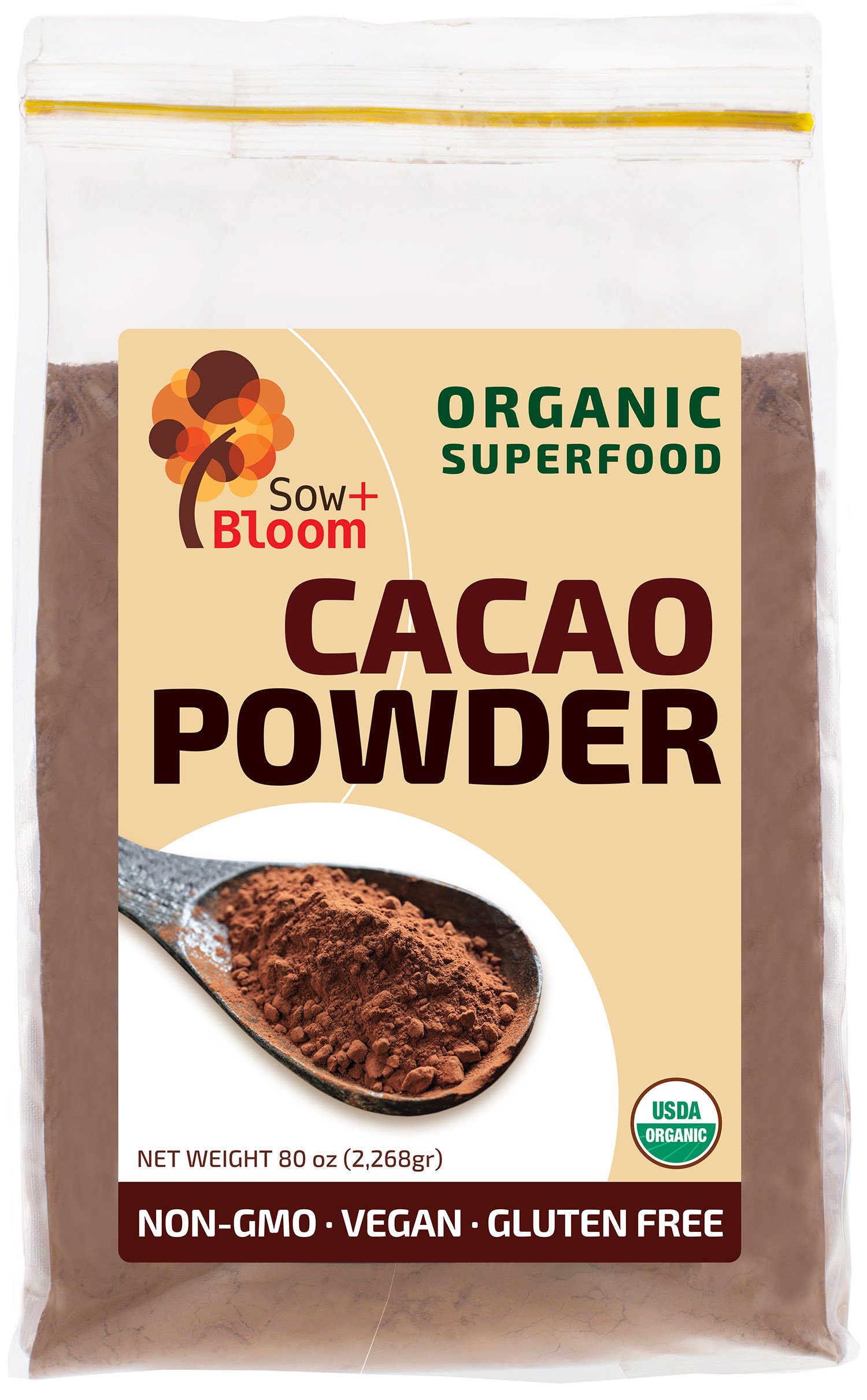 Cacao Powder Raw Organic Unsweetened Superfood by SOW+BLOOM Sugar
