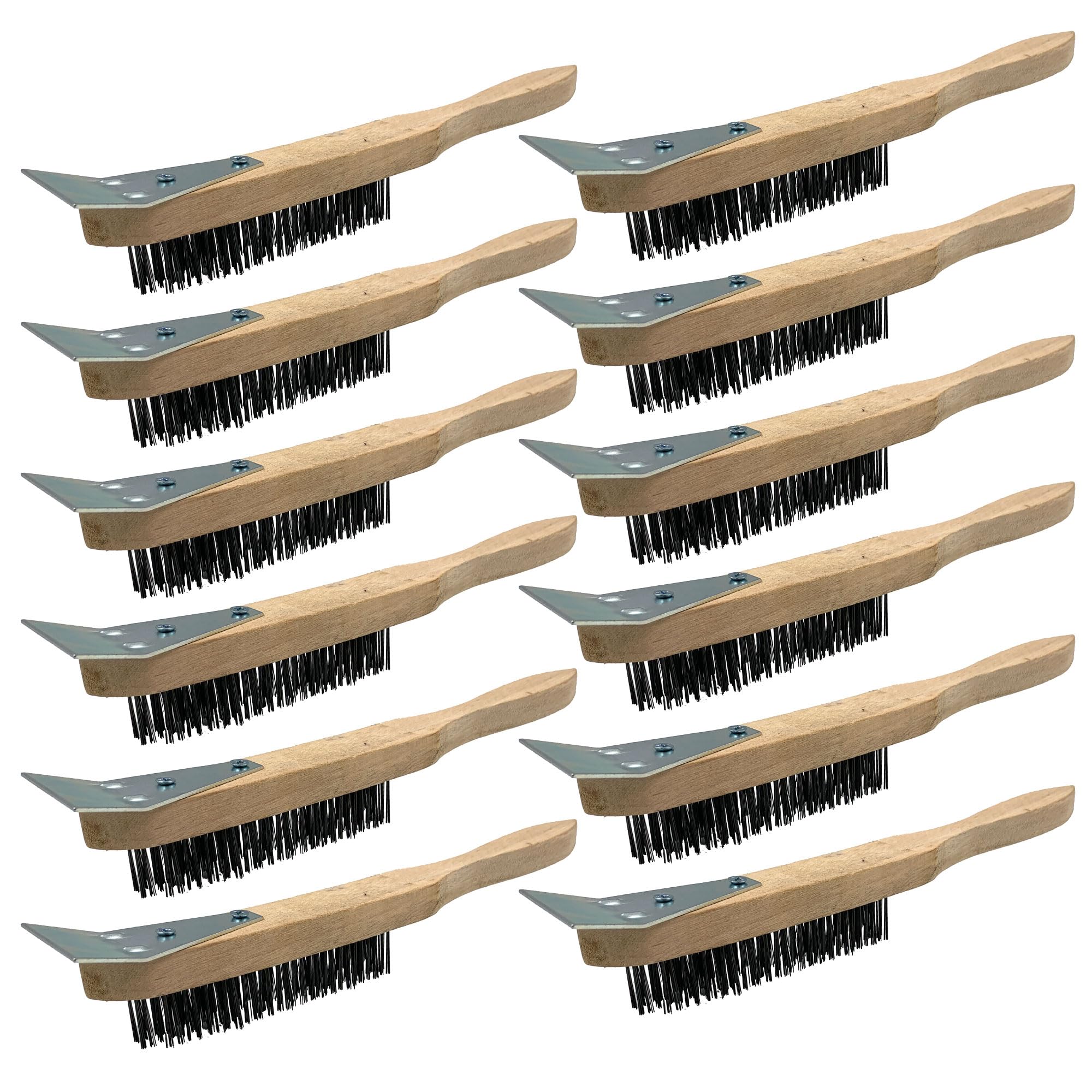 Wooden Wire Brush Set - Multipurpose Wire Brushes for Cleaning with Metal Scraper and Easy to Grip Handle − Rust Remover for Metal and Heavy Dirt Cleaning - Pack of 12