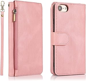 SZCINSEN for iPhone 6/7/8 Phone Case, Leather Zipper Pocket Card Holder Slot, Wrist Strap, Flip Protection Phone Case, Suitable for iPhone 6/7/8 (Color : Rose Gold)