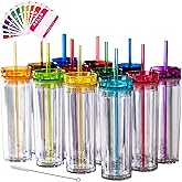 STRATA CUPS 24 Colored Skinny Tumblers with Lids and Straws | 16oz Reusable Cup Double-Wall Clear Tumbler with Lid and Straw, Durable Acrylic Tumblers With FREE Straw Cleaner & Name Tags