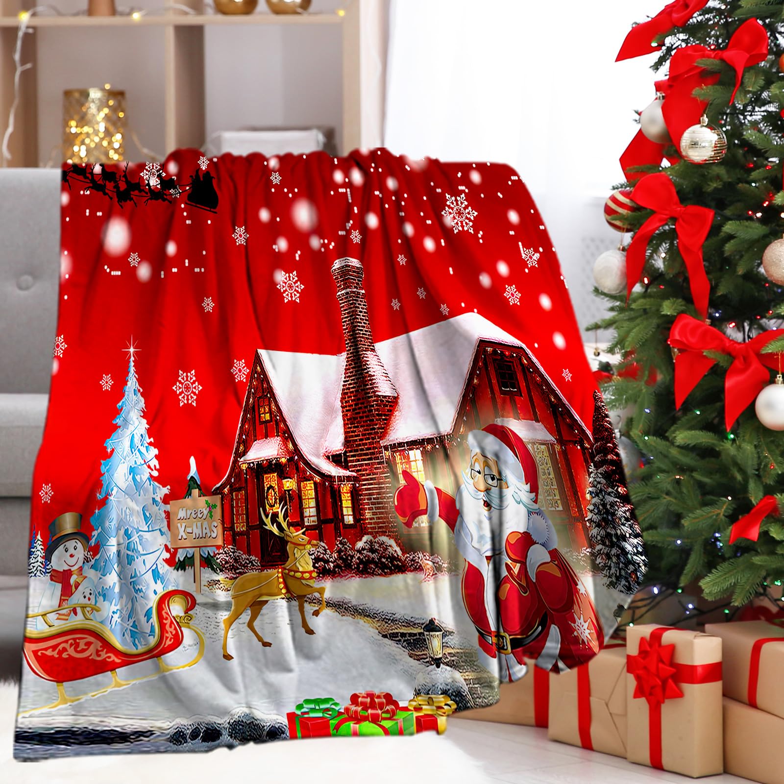 Christmas Reversible Flannel Blanket for Children, Children, Teens, Adults, Father Christmas Fluffy and Comfortable Blanket for TV and Warm Bed and Sofa Blanket (Christmas A, 130 x 150 cm)