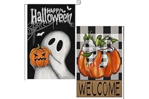 SILENART Garden Flags Set of 2 Incl. Fall Pumpkin Welcome Flag & Happy Halloween Garden Flag, Autumn Thanksgiving Holiday Harvest Burlap Yard Flag, Ghost Bats Decorations Outdoor, Double Sided 12x18 Inch