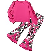 Doumlop Toddler Girl Clothes Camo Girls Outfits Ruffle Sleeve Tops + Bell Bottom Flared Pants 2 Piece Winter Sweatsuit 2-10T