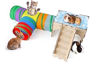 HIIMALEX Castle&Tunnel&Bed 3-in-1 Bunny's Gift Box: Extra Large Wooden Bunny Hideout with Ramp, Collasiple Tunnel and Soft Bed for Rabbit Guinea Pig Ferret Gerbil Hedgehog to Play Hide and Rest