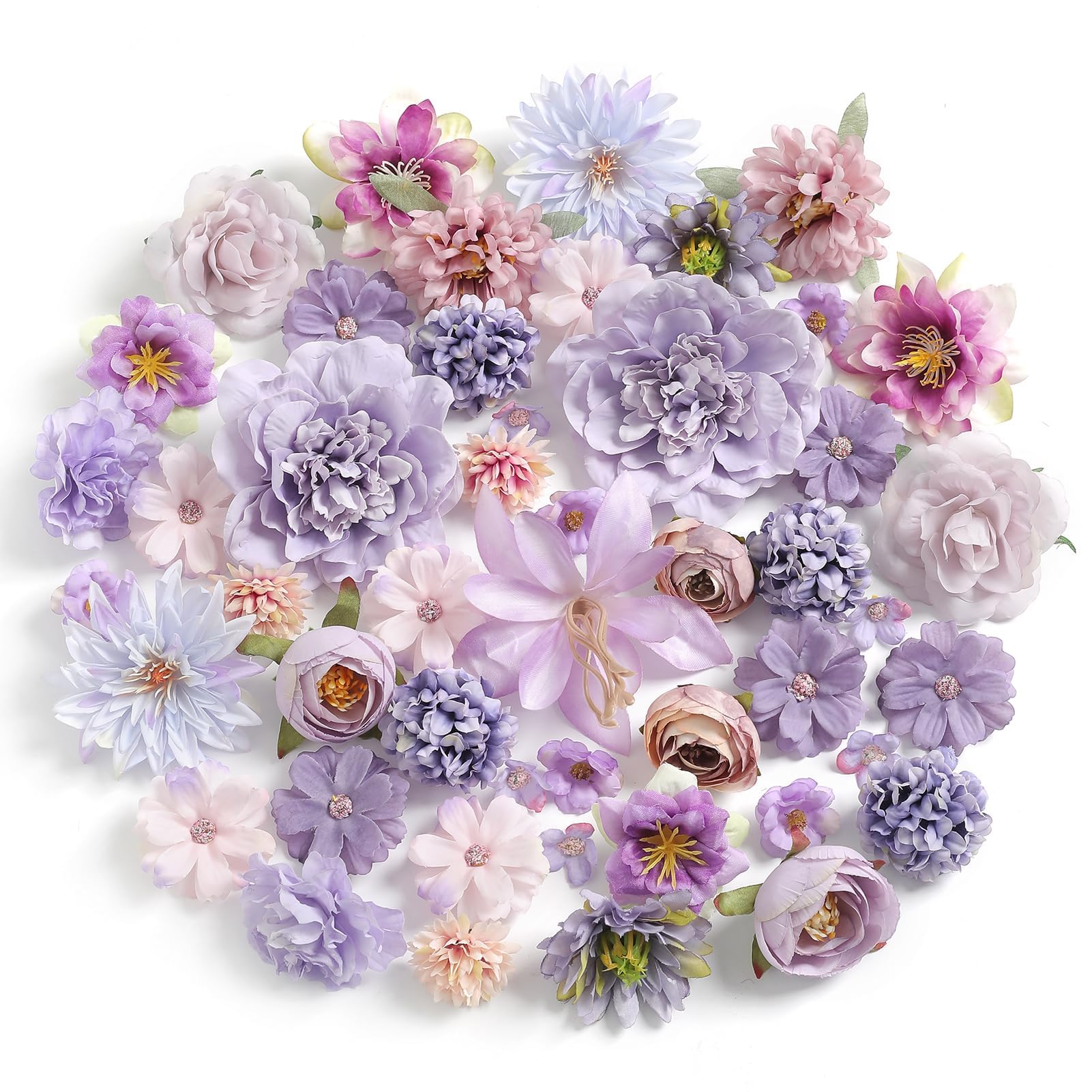 YiYunFloral Artificial Flowers Heads Combo Purple Flowers Mix Silk Flowers Heads Bulk Faux Rose for Craft Garland Graduation Cap Wedding Bridal Baby Shower Home Party Decoration DIY Cake Decor