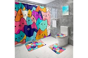 Jiospet 4PCS Cat Shower Curtain Set - Funny Cat Design, 70x70 Inch Bathroom Curtain Sets with Rugs Bath Mat,U Shape,Toilet Lid Cover Mat and 12 Hooks, Stylish Bath Decor
