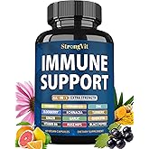 StrongVit Immune Support Supplement 12 in 1 Complex with Vitamin C, D3, Zinc, Echinacea, Elderberry, Ginger, Turmeric. Immune Defend for Men & Women, Non-GMO, Gluten-Free, Vegan, USA