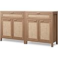 SICOTAS Sideboard Buffet Cabinet Set of 2, Rattan Credenza Storage Cabinet, Boho Buffet Table Console with Drawer, Farmhouse Coffee Bar Cabinet for Entryway Living Dining Room, Natural Oak