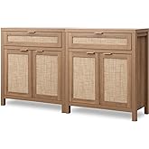 SICOTAS Sideboard Buffet Cabinet Set of 2, Rattan Credenza Storage Cabinet, Boho Buffet Table Console Cabinets with Drawer, F