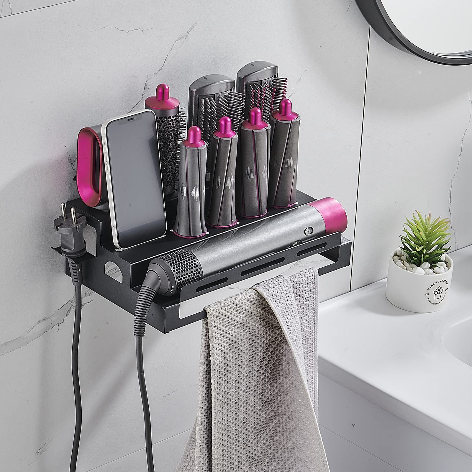 Hosoncovy Metal Wall Mount Holder Organizer Stand Storage Rack with Towel Holder Tabletop Organizer for Dyson Airwrap Styler and Brushes (Black)