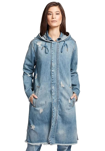 khujo Damen Übergangsmantel DUANA knielanger Jeansmantel mit Kapuze und Used-Look