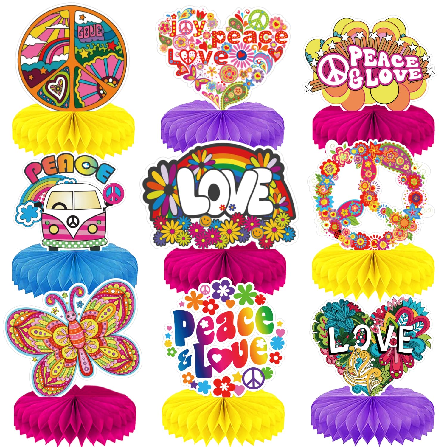 Qpout 9 Pcs Groovy Hippie Boho Party Honeycomb Centerpieces Tie Dye Party Table Topper Honeycomb Hippy Retro Flower Rainbow Butterfly Daisy Peace for 60's 70's Hippie Theme Party Decorations