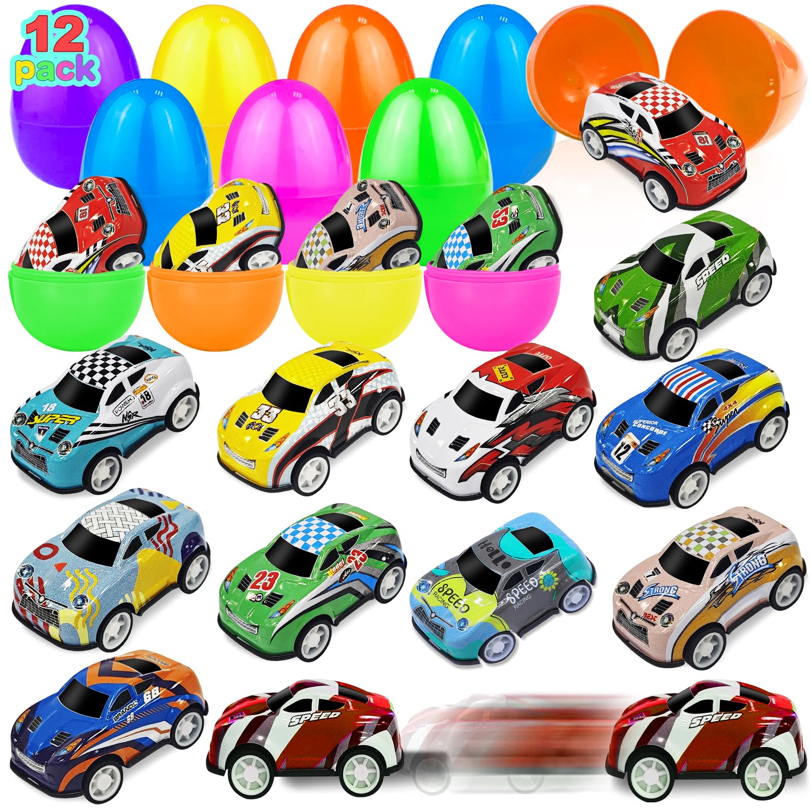 AMENON 12 Pack Easter Eggs with Pull Back Race Cars Toys, 2.2" Colorful Mini Vehicles in Surprise Eggs for Egg Hunt, Easter Basket Stuffers Gifts Birthday Party Favors for Boys Ages 3+
