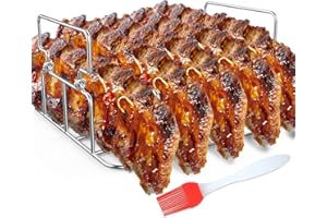 RUSFOL Durable Stainless Steel Rib Rack with a Silicone Oil Brush, BBQ Stand with 2 Handle for Smoker,Oven and Grill, Cook up to 5 Ribs at a time