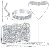 Kigeli 4 Pcs Women Rhinestone Evening Jewelry Set Clutch Purse Bag Crystal Rhinestone Tassel Necklace Stretch Bangle Bracelet Crystal Fringe Earrings Bling Glitter Handbag for Wedding Bride