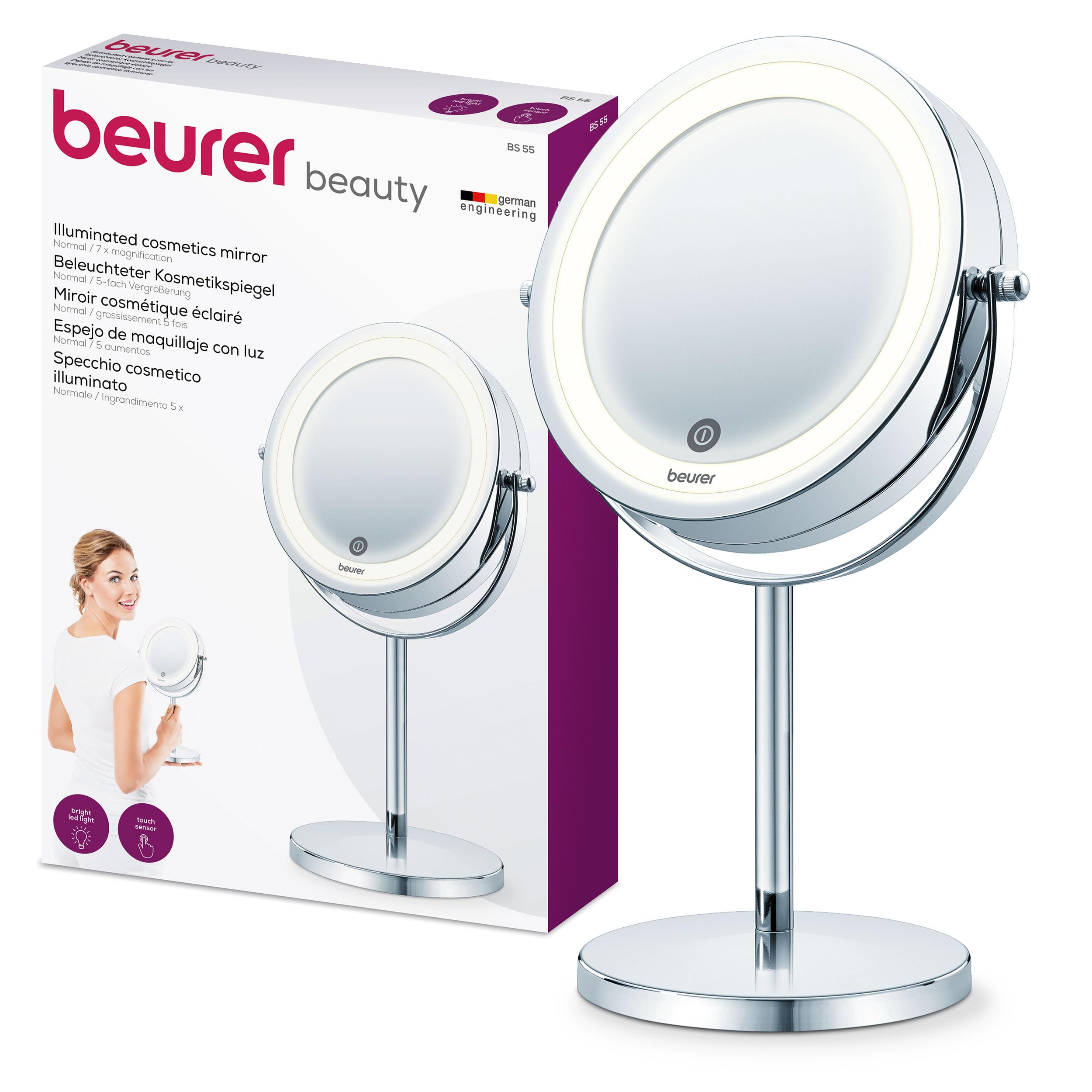 Beurer BS 55 Kosmetikspiegel, Beauty-Spiegel mit 7-fach Vergrößerung, mit Dimmfunktion, beleuchteter Schminkspiegel mit LED Licht, ideal für Make-Up und Gesichtspflege, kompakter Bad-Spiegel