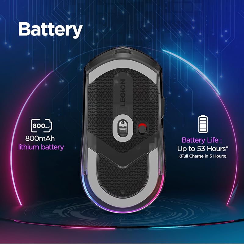 Legion M410 Souris de Gaming sans Fil RGB (6 Boutons, lumière RVB à 2 Zones, 16 000 dpi, 400 IPS, Batterie Rechargeable de 53 Heures, Compatible avec Nvidia Reflex) - Noir Transparent