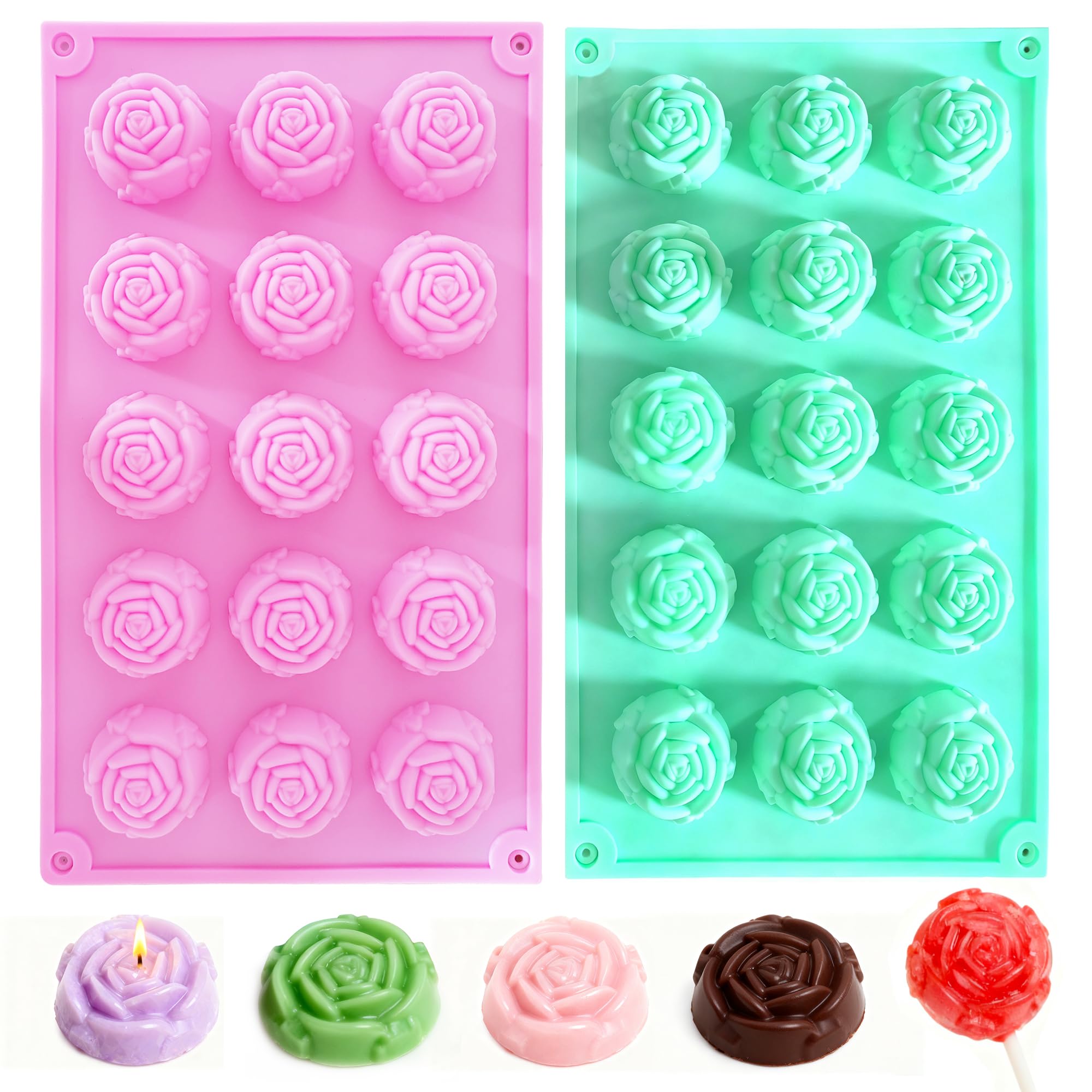Photo 1 of 2 Pack Rose Fondant Silicone Molds, Non Stick 15 Cavity Silicone Rose Mold for Candy, Chocolate, Jelly, Soap & Ice Cube, Heat-Resistant & Dishwasher Safe Molds for Fondant Cake Decorating and Baking