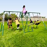 Sportspower Swing Climb and Glide Metal Swing Set 6 in 1: Heavy-Duty A-Frame, Belt Swing, Glider, Saucer, Climbing &amp; Net Ladders (Green)