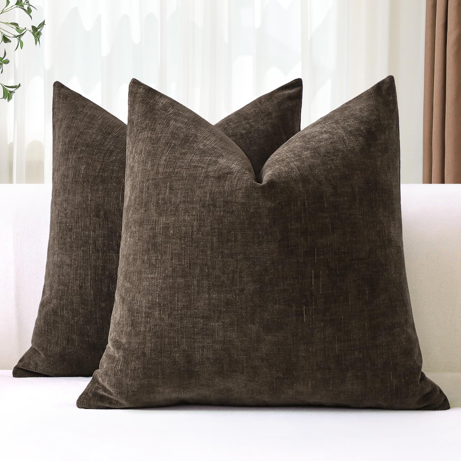 JOTOM Set of 2 Cushion Covers 40x40 cm Soft Chenille Brown Decorative Throw Pillow Covers 16x16 Inch Square Cushion Case Solid Pillowcases for Couch Sofa Living Room Bed Home Decor (Brown)