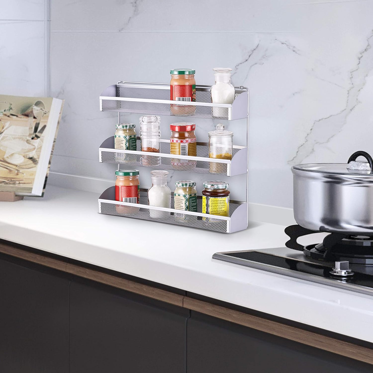 2 Pack- Simple Trending 3 Tier Spice Rack Organizer, Wall Mounted Spice Shelf Storage Holder for Kitchen Cabinet Pantry Door, Silver: Kitchen & Dining