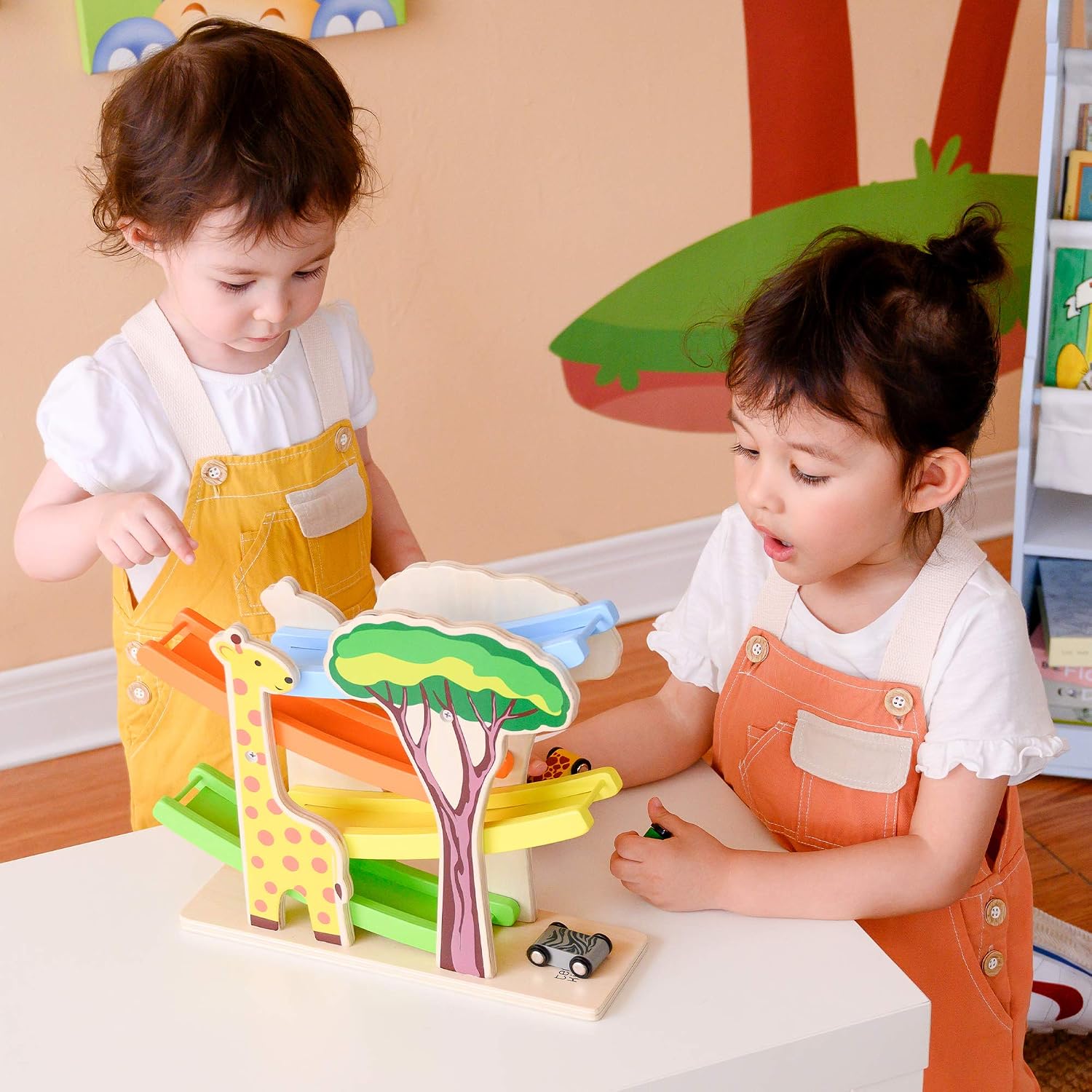 Teamson Kids Preschool Wooden Car Ramp Racer Toy Click Clack Racetrack Garage With 4 Safari Cars UK-PS-T0007 Multicolor - Image 3