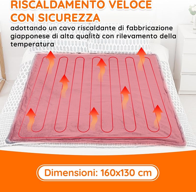 Coperta Elettrica Termica Riscaldata, Lavabile in Lavatrice, con Telecomando Digitale, Flanella Sherpa 130x160 cm, 10 livelli e 1~9 ore di spegnimento automatico, lavabile in lavatrice