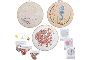 ARMINDOU Embroidery Starter Kits for Adults Beginners with Sea Animals Pattern, Easy Beach Stamped Cross Stitch Starter Kit for Adults Beginners, Ocean Embroidery Art Kit, 3 Sets of Hoop Fabric Needle Thread