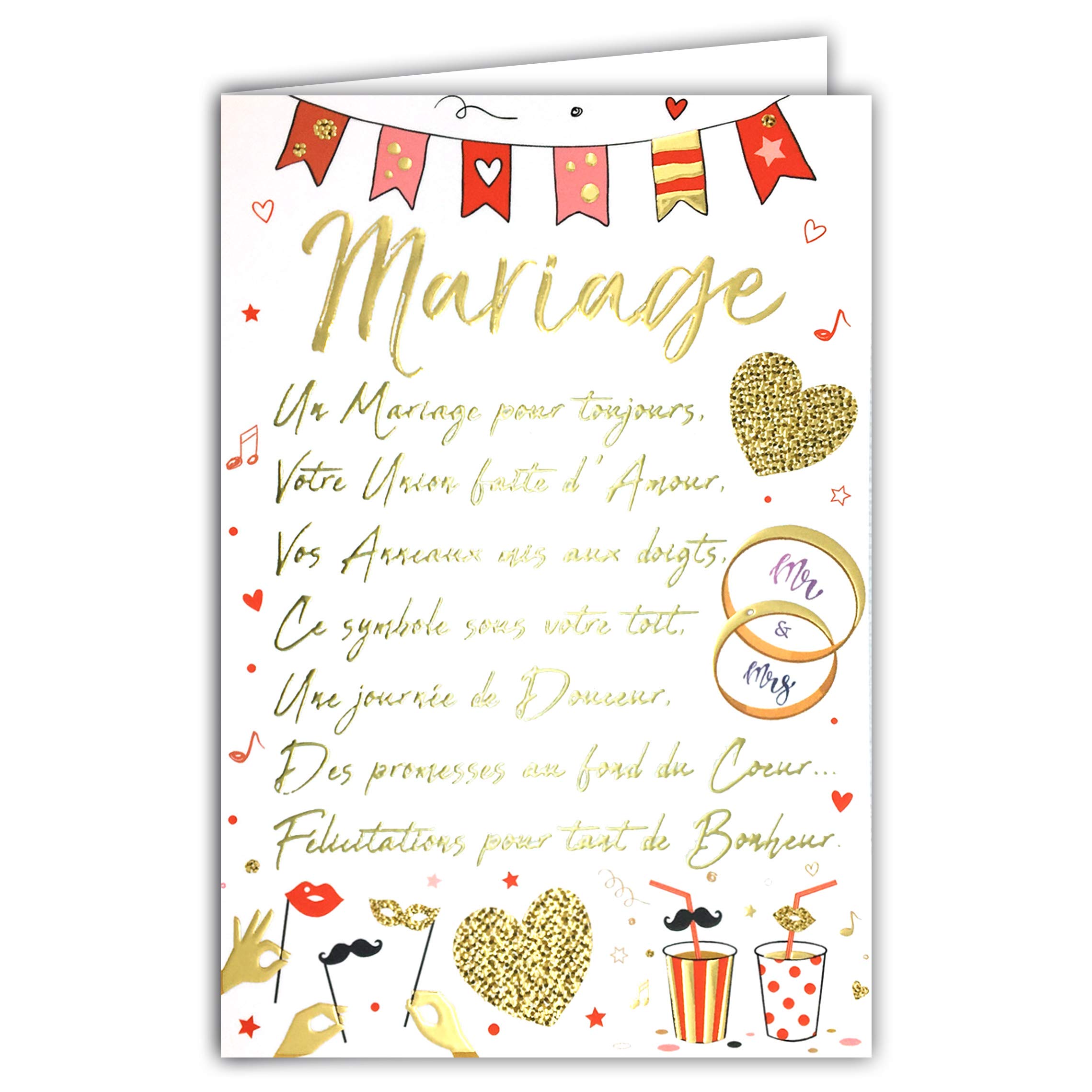 Afie 69-3046 Large Gold Wedding Card with Envelope, Closed Card Format 11.5 x 17 cm, Made in France