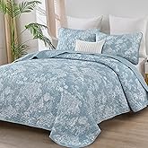 WONGS BEDDING Botanical Quilt Set Queen Size, Aqua 3 Pieces Toile Floral Plants Printed Bedspread Bedding Set Soft Lightweight Microfiber Coverlet Set for All Season (96"x90")