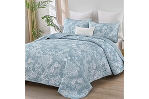 WONGS BEDDING Botanical Quilt Set Queen Size, Aqua 3 Pieces Toile Floral Plants Printed Bedspread Bedding Set Soft Lightweight Microfiber Coverlet Set for All Season (96"x90")