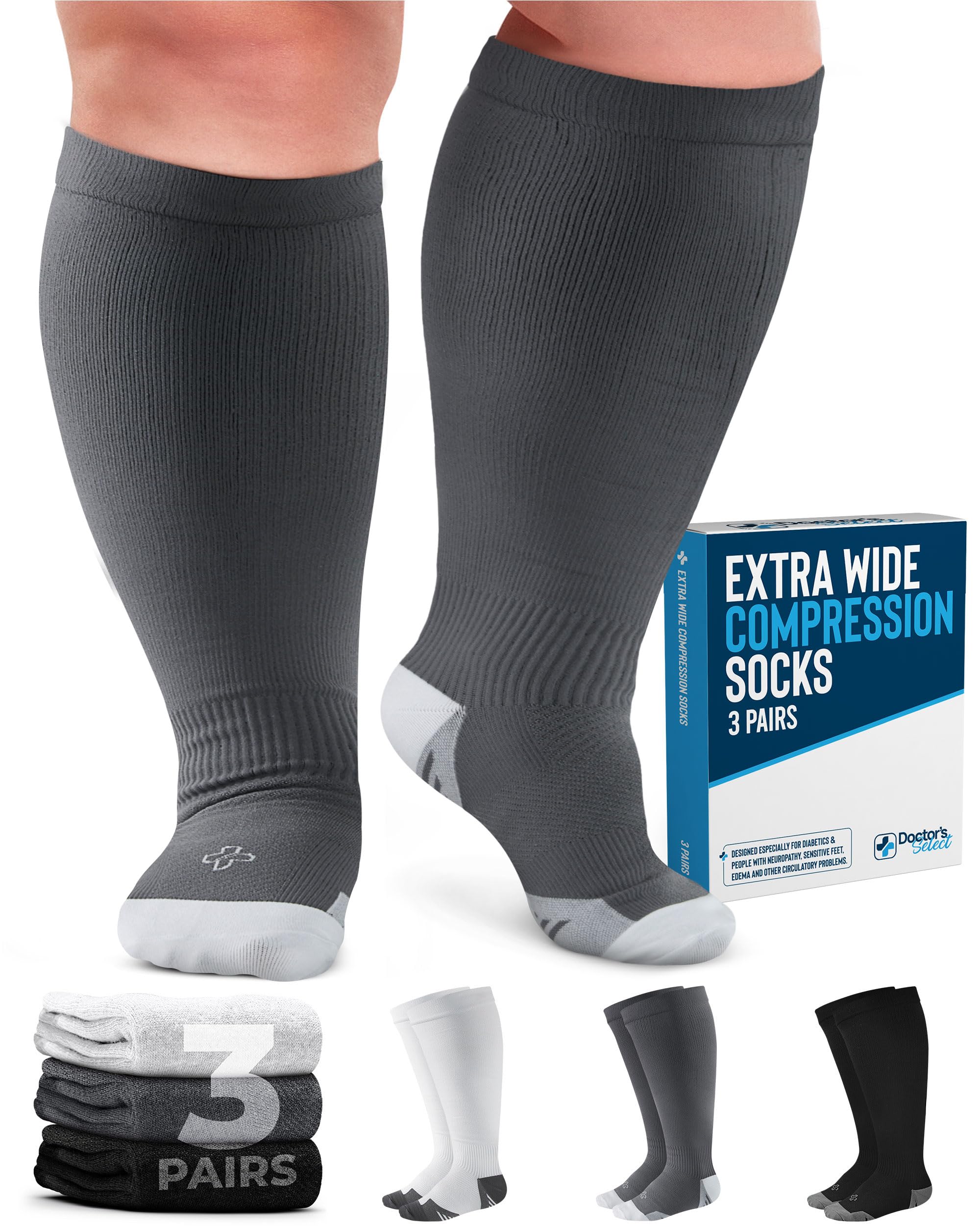 Photo 1 of Doctor's Select 3 Pairs Plus Size Compression Socks Wide Calf - Up to 6XL | 20-30 mmHg Compression Socks for Women Wide Calves | Black, White, Gray