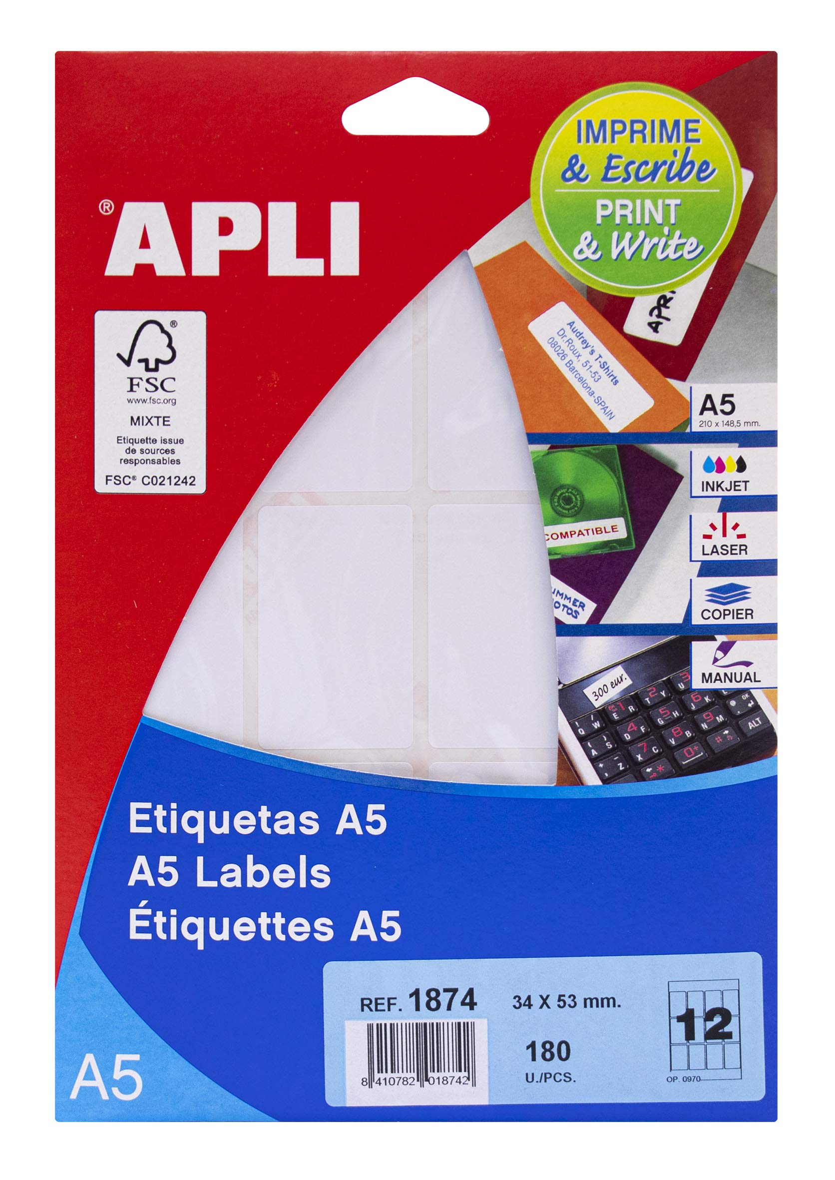 APLI 1874 - A5 White Labels 34 x 53 mm 15 Sheets